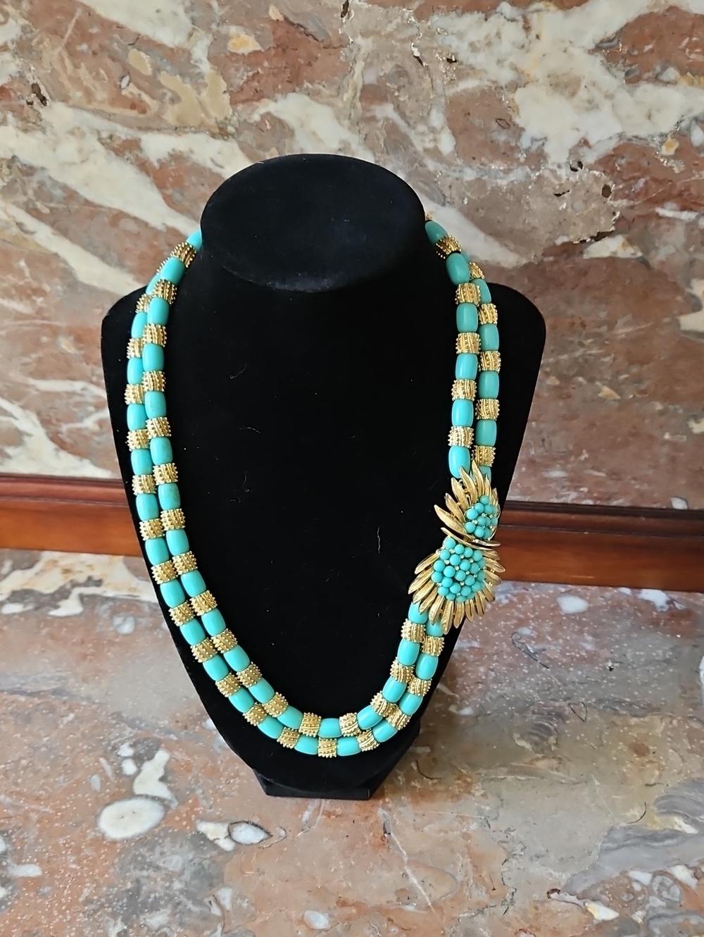 Vintage Crown Trifari Two Strand Turquoise & Gold Tone Beads & Statement Clasp